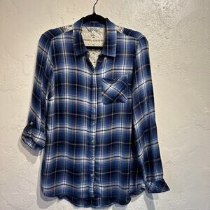 Krazy Kat Size Small plaid Button Down crochet Back Cottage Long & 3/4 sleeve